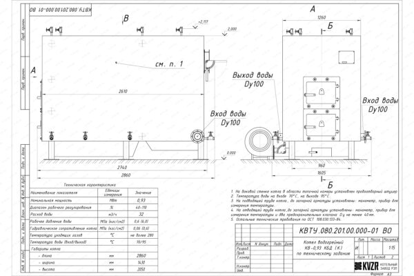 Котел 0.93 МВт уголь дрова с колосниками чертеж