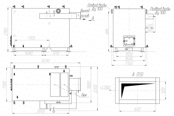 Чертеж котла без дымососа 1.28 МВт