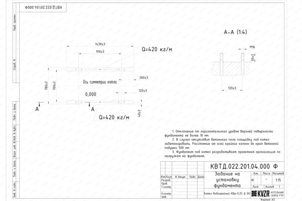 Чертеж фундамента котла на дровах 0.25 МВт с колосниками