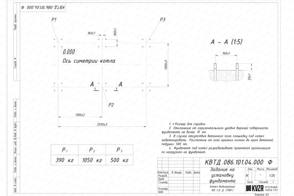 Чертеж фундамента котла на дровах 1.0 кВт с ОУР