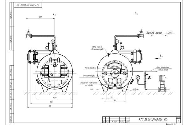 Пеллетный паровой котел Е-0,2-0,9-170 чертеж