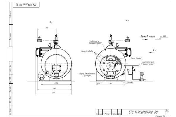 Чертеж дровяного парового котла 1000 кг 170 С