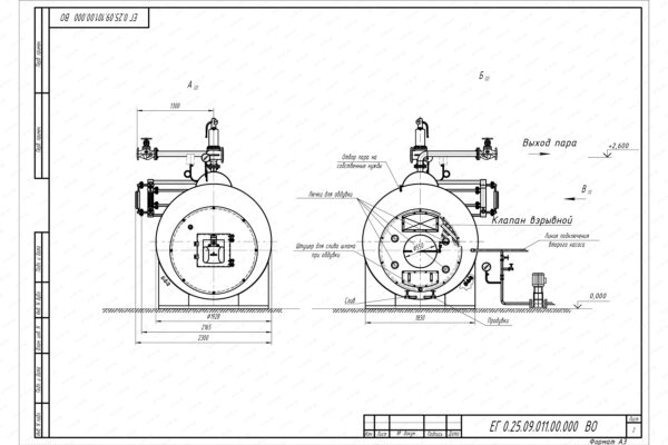 Чертеж парового котла 2500 кг 170 С на газе